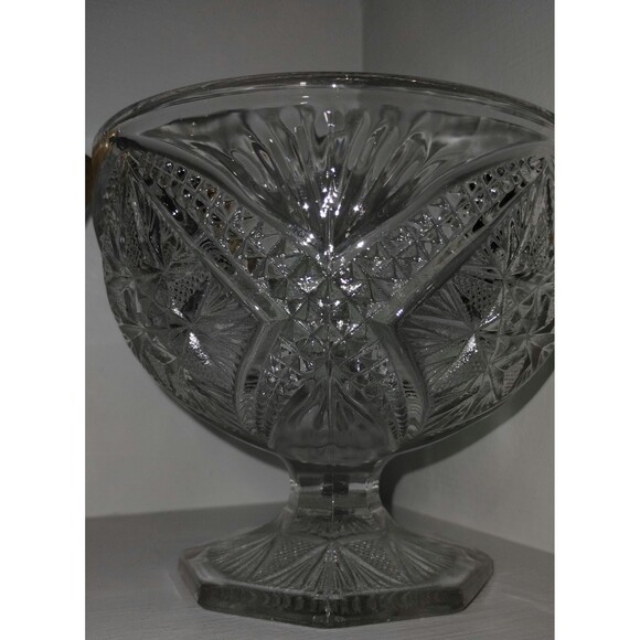 Vintage Pressed Glass Pedestal Compote Bowl | Starburst Diamond Cut Pattern - Picture 5 of 6